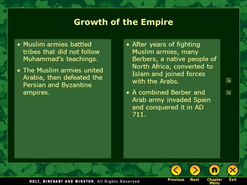 Growth of the Empire Muslim armies battled tribes that did not follow Muhammad’s teachings.