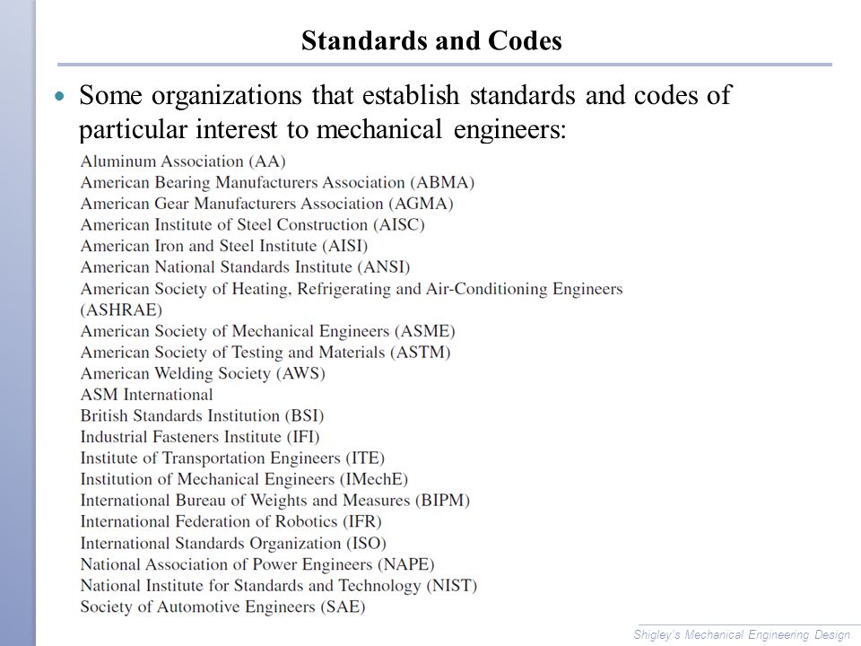 Standards and Codes Some organizations that establish standards and codes of particular interest to mechanical engineers: