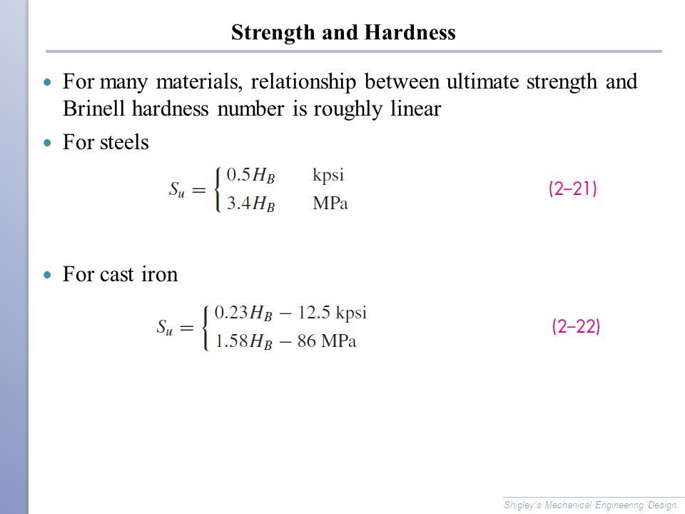 Strength and Hardness For many materials, relationship between ultimate strength and Brinell hardness number is roughly linear.