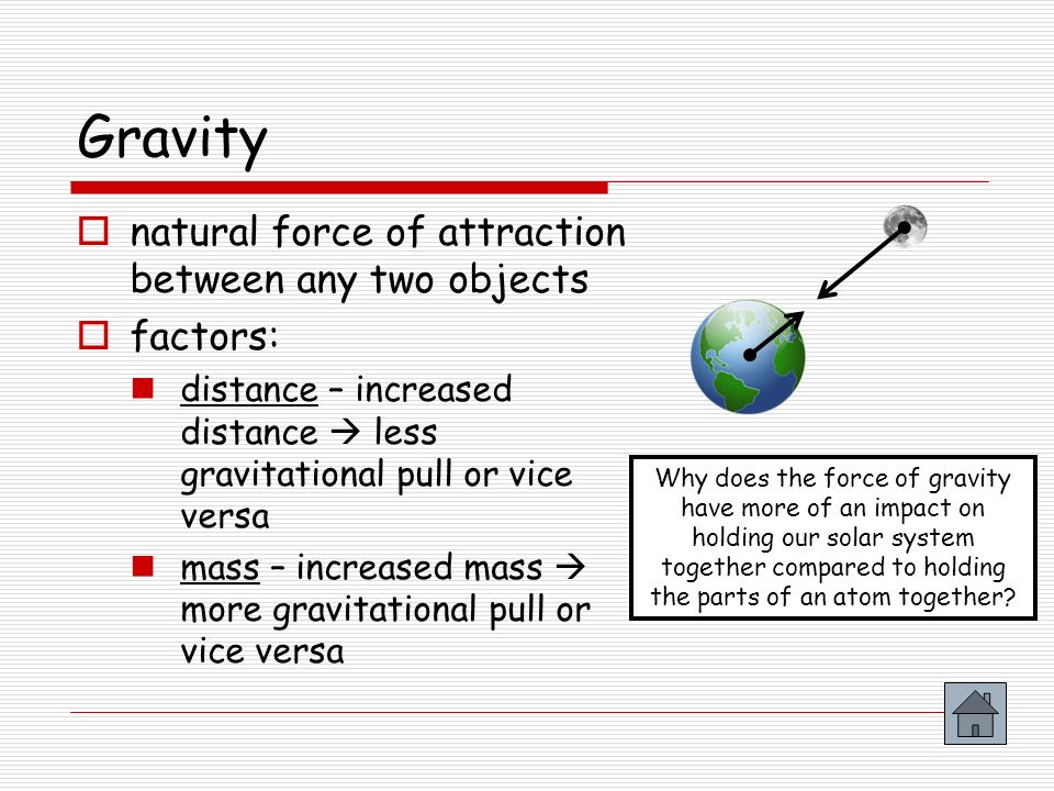 Gravity natural force of attraction between any two objects factors:
