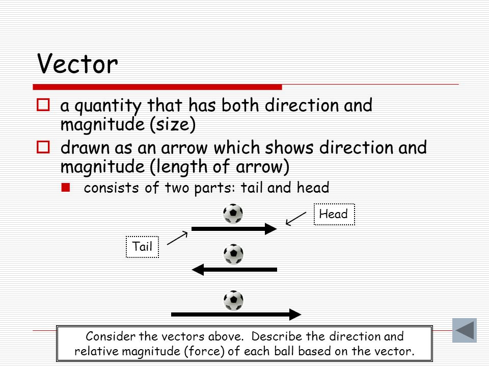 Vector a quantity that has both direction and magnitude (size)