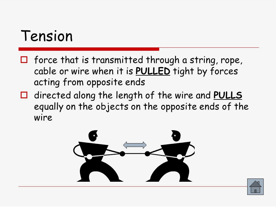 Tension force that is transmitted through a string, rope, cable or wire when it is PULLED tight by forces acting from opposite ends.