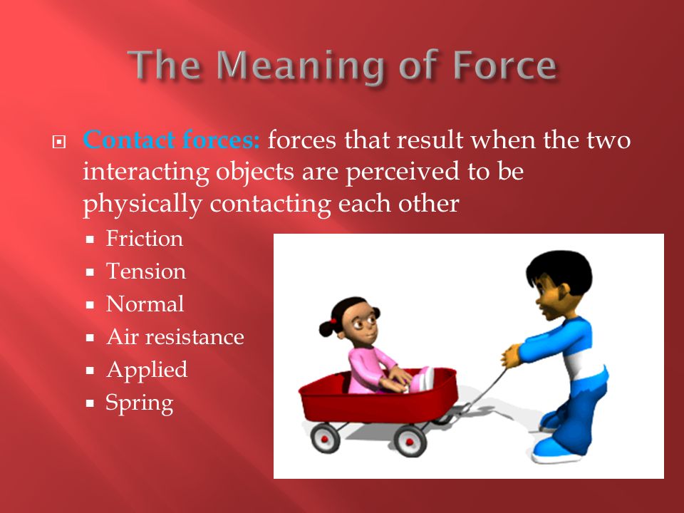 The Meaning of Force Contact forces: forces that result when the two interacting objects are perceived to be physically contacting each other.