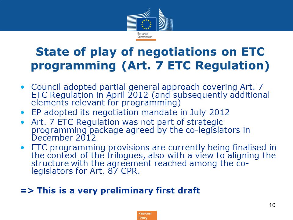 State of play of negotiations on ETC programming (Art
