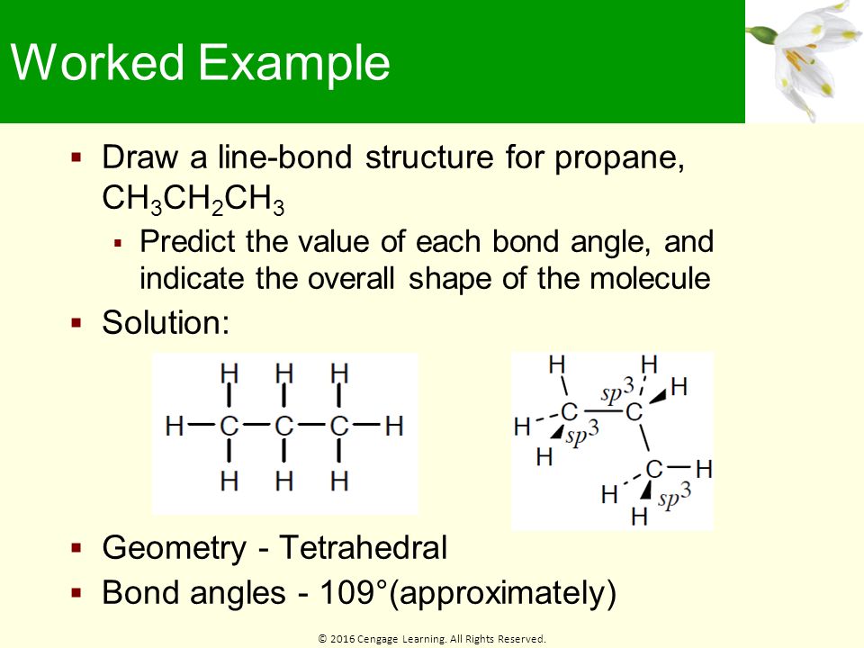 Worked Example Draw a line-bond structure for propane, CH3CH2CH3.