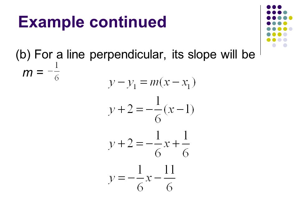 Example continued (b) For a line perpendicular, its slope will be m =
