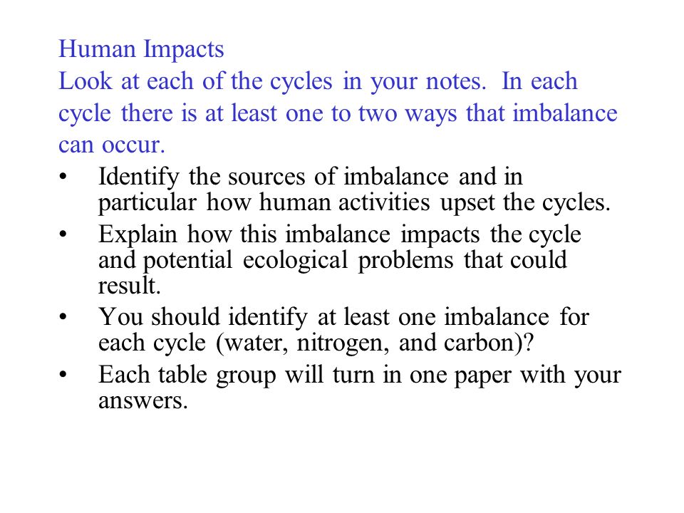 Human Impacts Look at each of the cycles in your notes. In each. cycle there is at least one to two ways that imbalance.