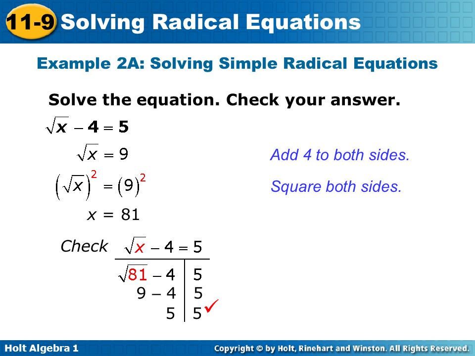 Example 2A: Solving Simple Radical Equations