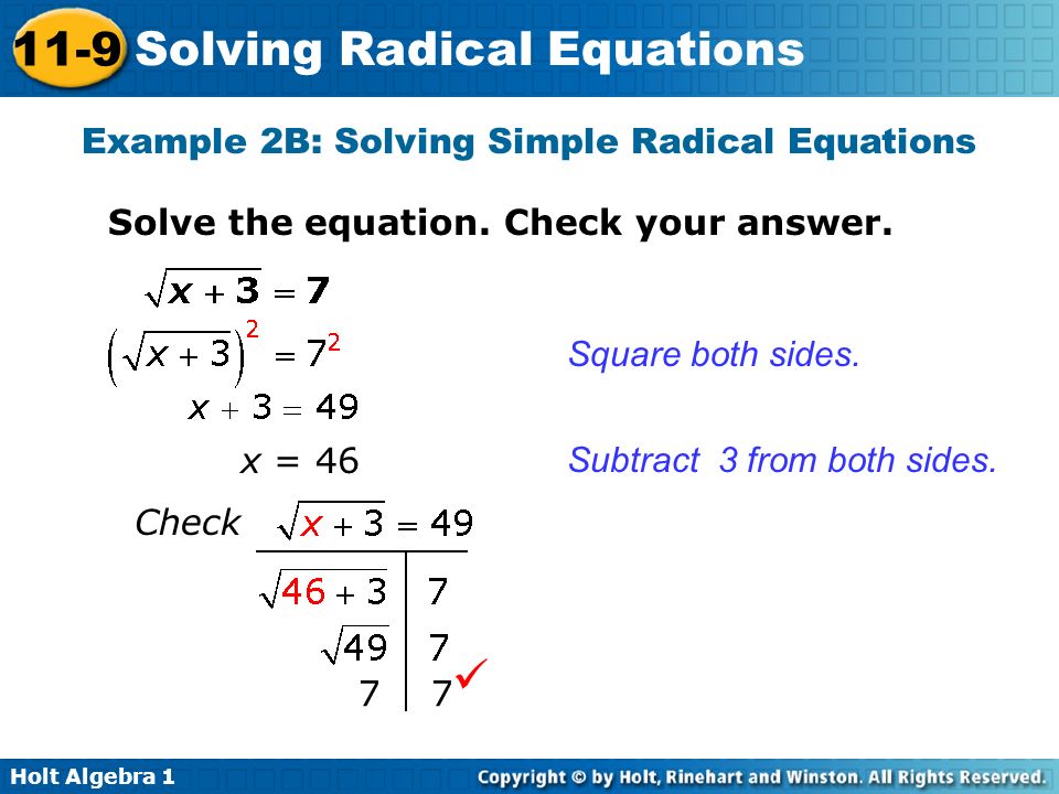 Example 2B: Solving Simple Radical Equations