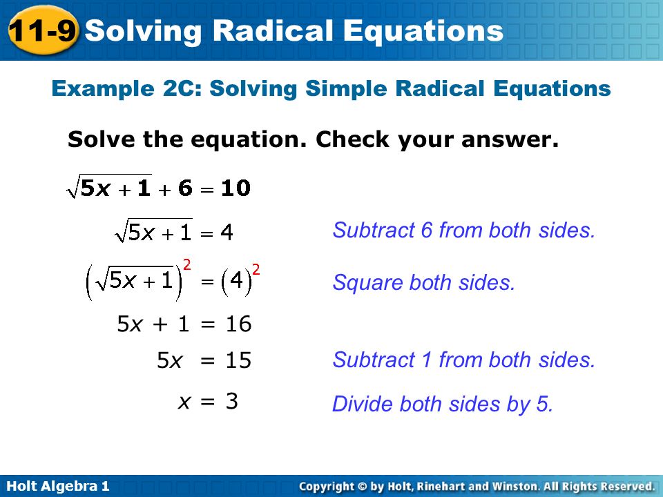 Example 2C: Solving Simple Radical Equations