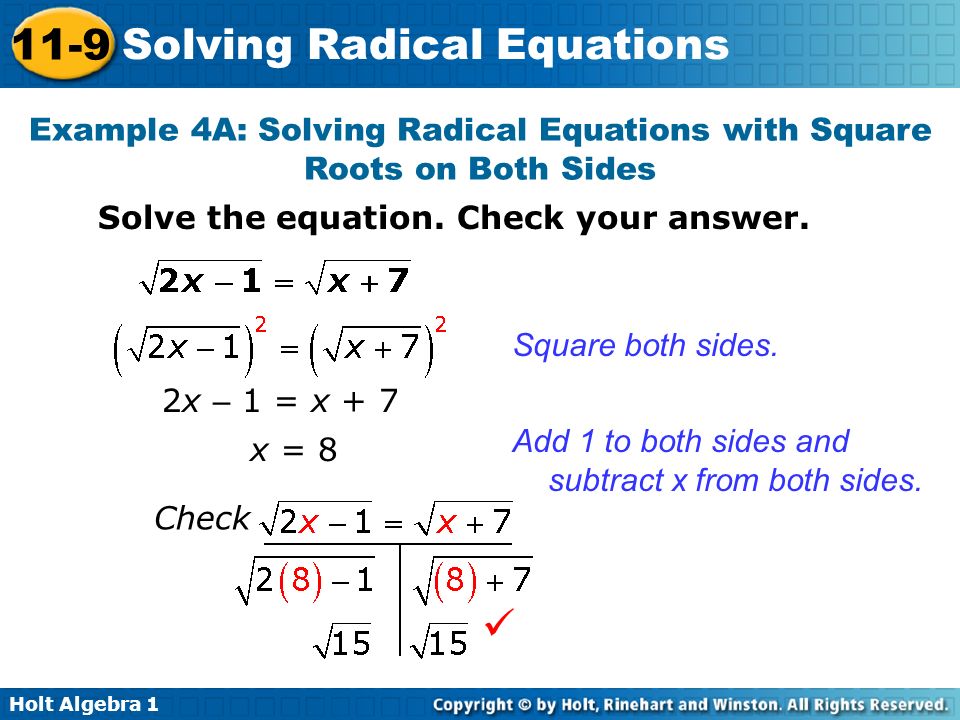 Example 4A: Solving Radical Equations with Square Roots on Both Sides