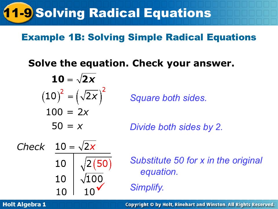 Example 1B: Solving Simple Radical Equations
