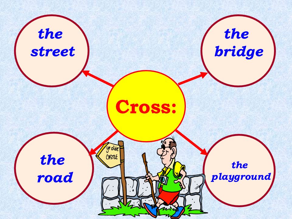 the street the bridge Cross: the road the playground
