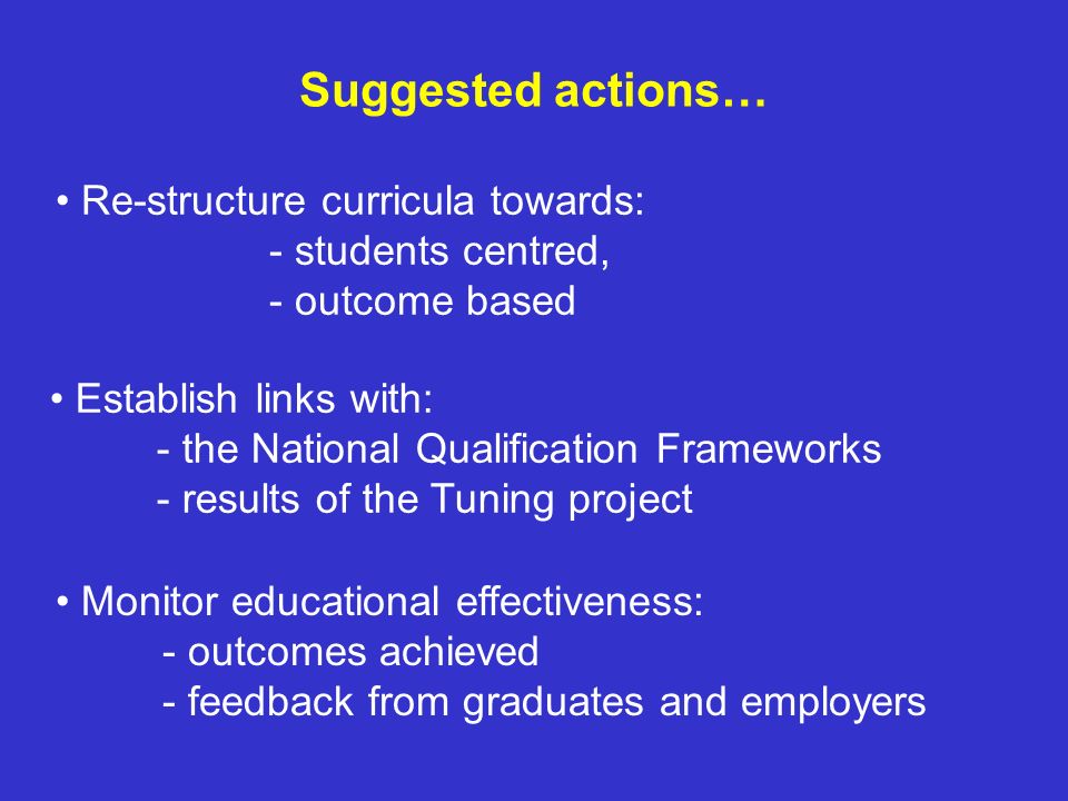 Suggested actions… Re-structure curricula towards: - students centred, - outcome based.