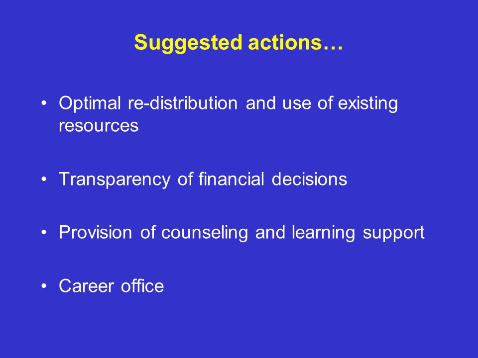 Suggested actions… Optimal re-distribution and use of existing resources. Transparency of financial decisions.