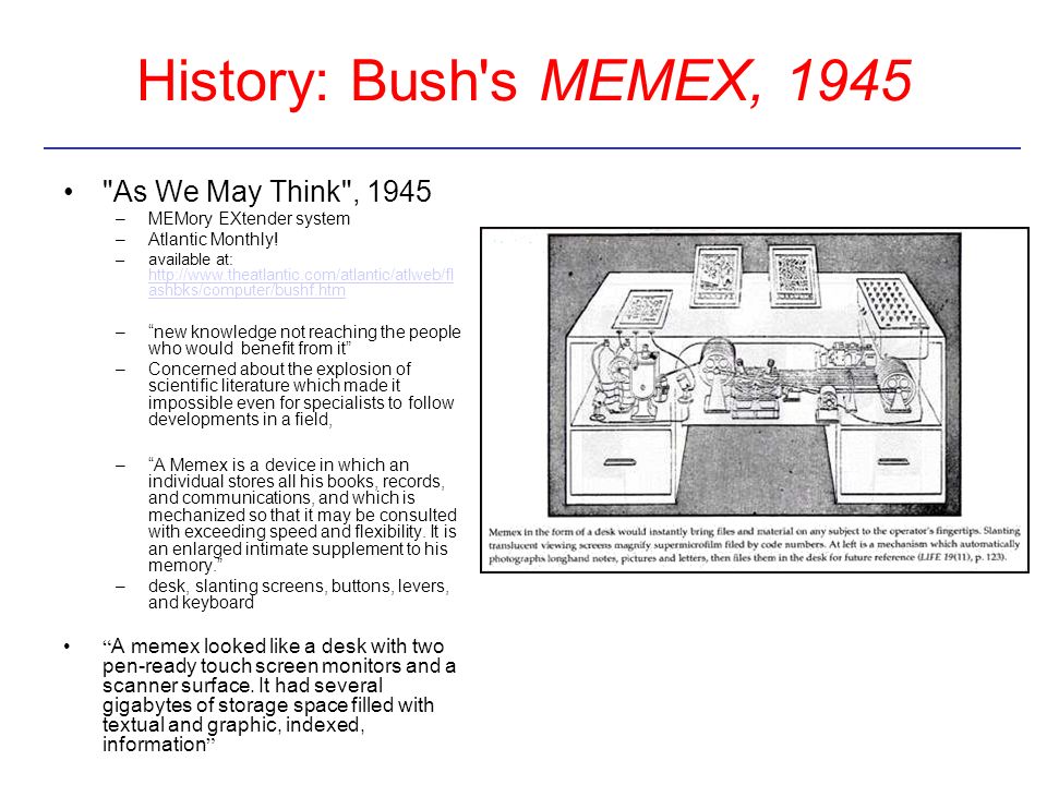 History: Bush s MEMEX, 1945 As We May Think , 1945