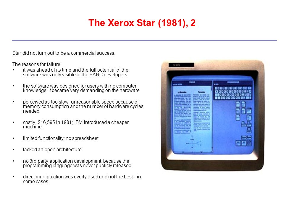 The Xerox Star (1981), 2 Star did not turn out to be a commercial success. The reasons for failure: