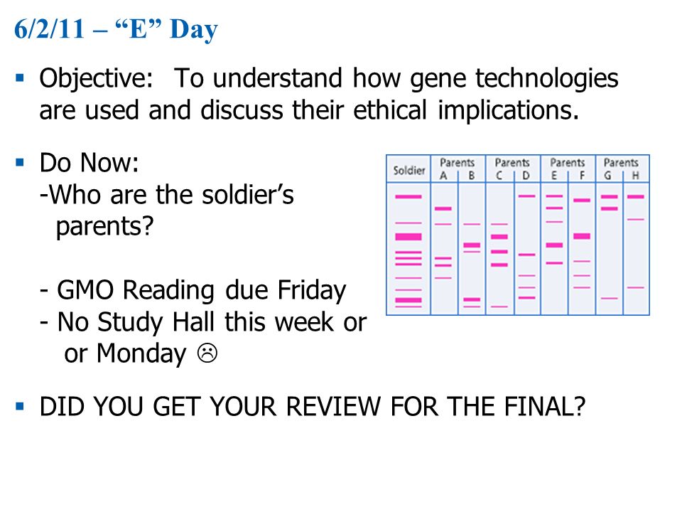 6/2/11 – E Day Objective: To understand how gene technologies are used and discuss their ethical implications.