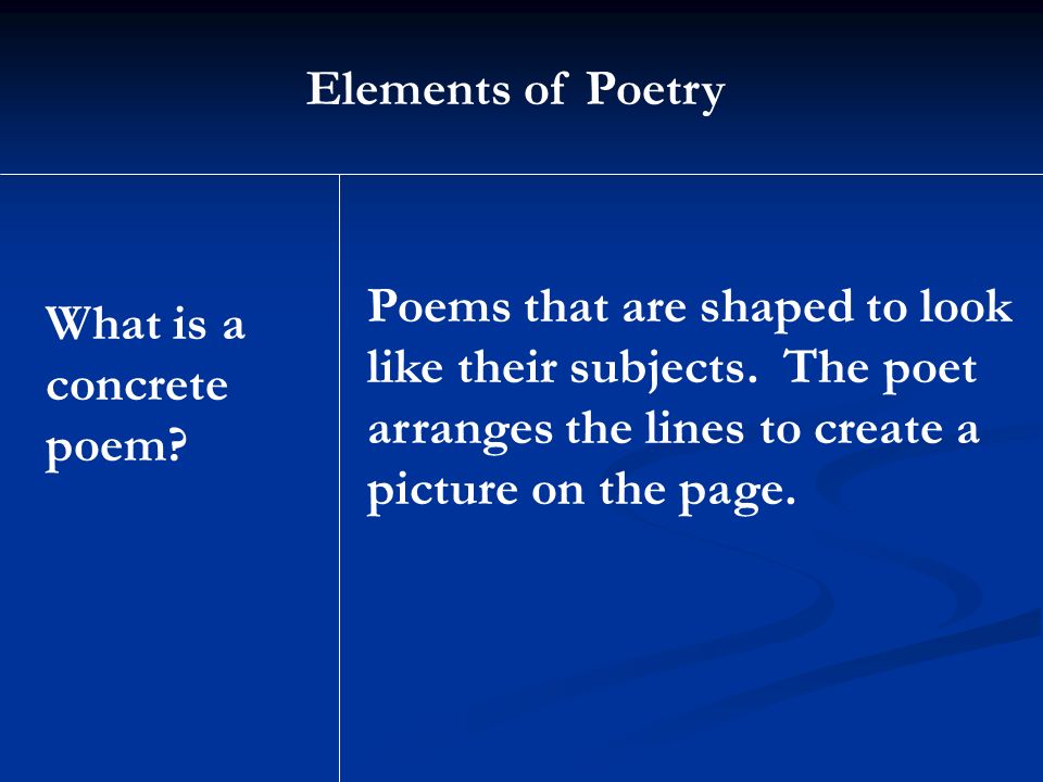 Elements of Poetry Poems that are shaped to look like their subjects. The poet arranges the lines to create a picture on the page.