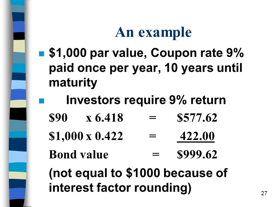 An example $1,000 par value, Coupon rate 9% paid once per year, 10 years until maturity. Investors require 9% return.