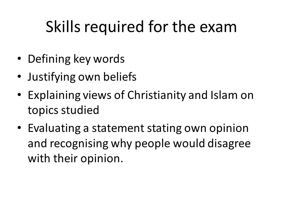 Skills required for the exam