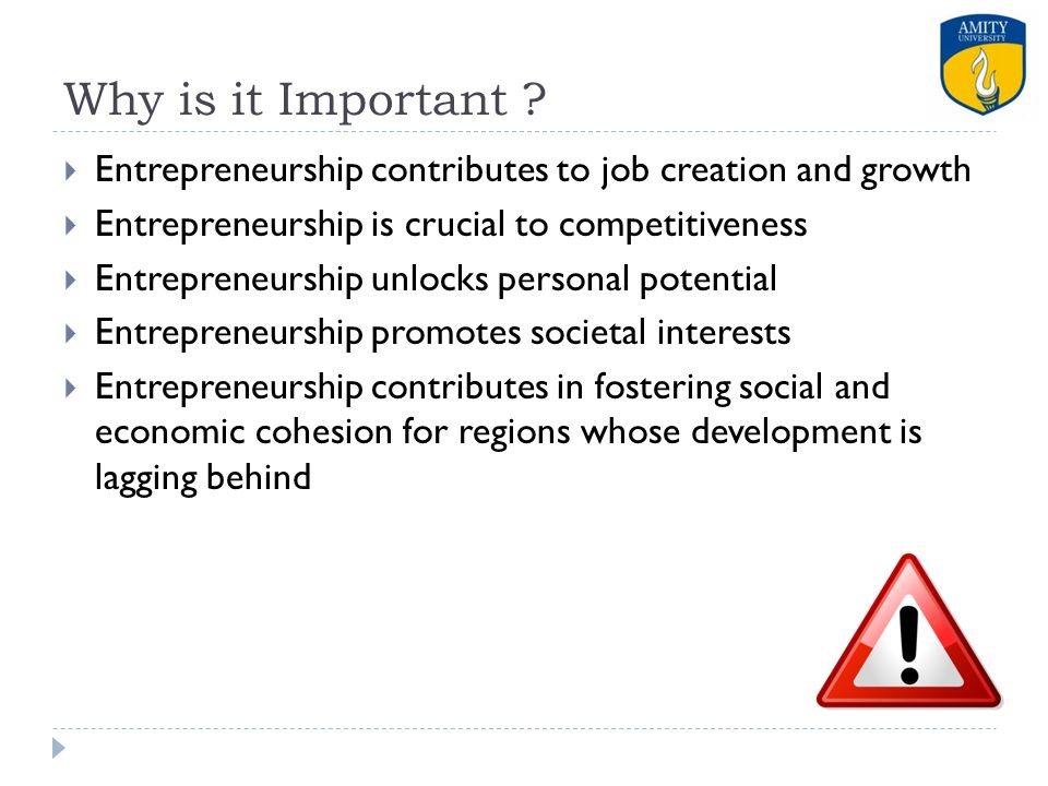 Why is it Important Entrepreneurship contributes to job creation and growth. Entrepreneurship is crucial to competitiveness.