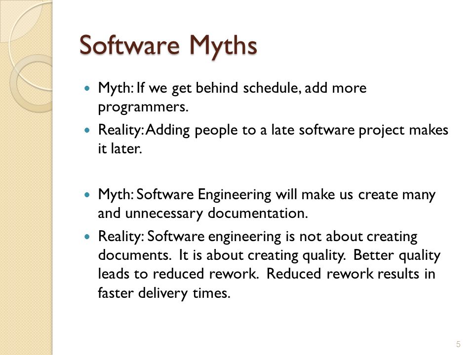 Software Myths Myth: If we get behind schedule, add more programmers.