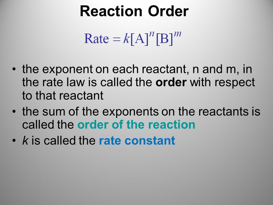 Reaction Order the exponent on each reactant, n and m, in the rate law is called the order with respect to that reactant.