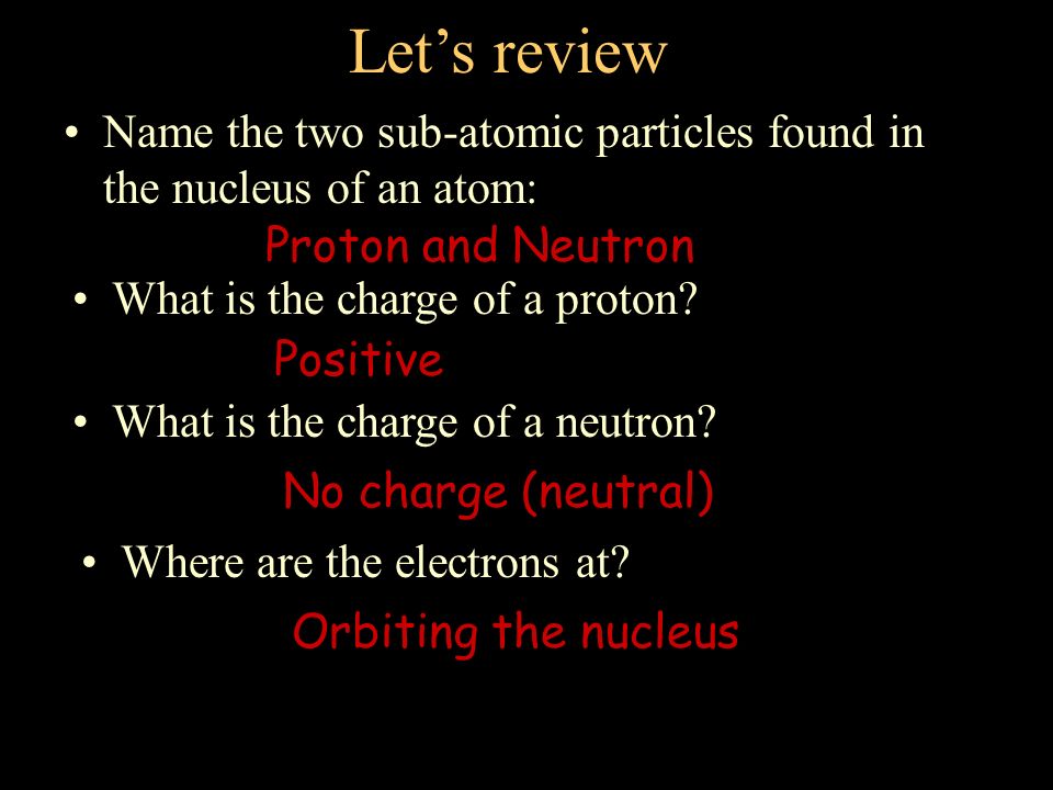 Let’s review Name the two sub-atomic particles found in the nucleus of an atom: Proton and Neutron.