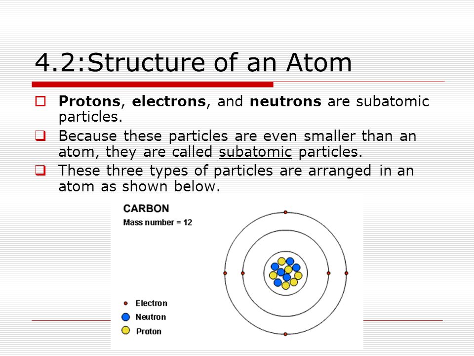 4.2:Structure of an Atom Protons, electrons, and neutrons are subatomic particles.