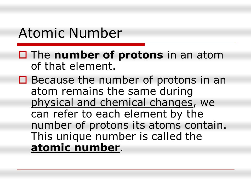 Atomic Number The number of protons in an atom of that element.
