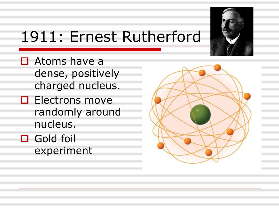 1911: Ernest Rutherford Atoms have a dense, positively charged nucleus. Electrons move randomly around nucleus.