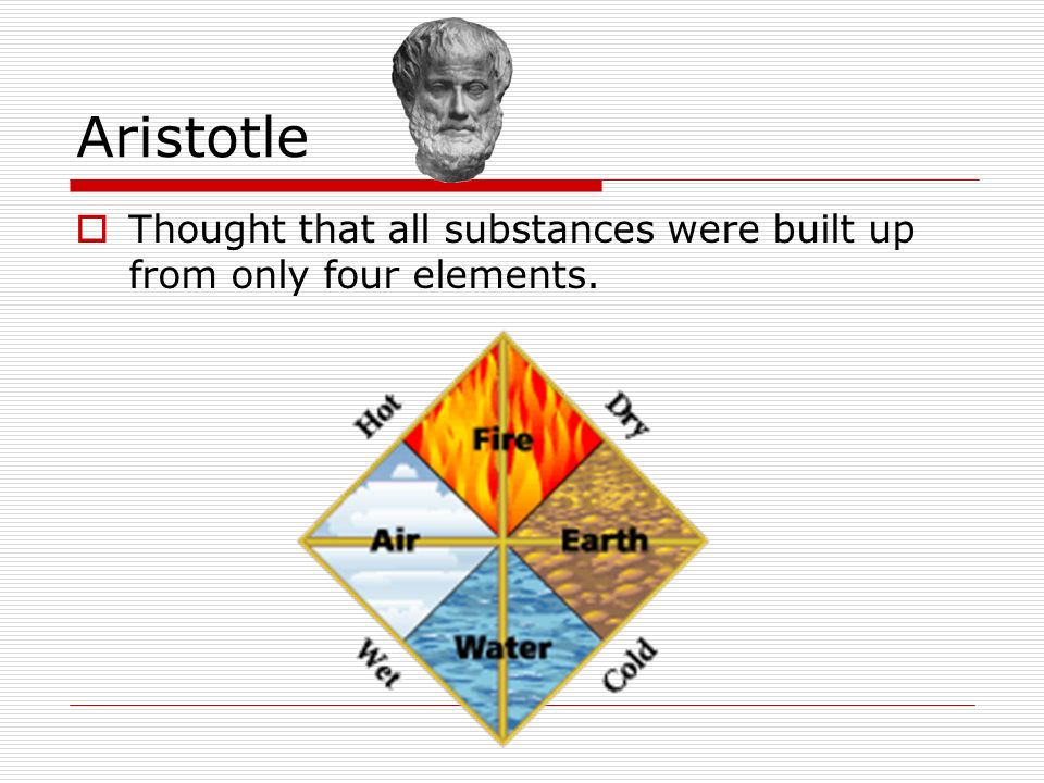 Aristotle Thought that all substances were built up from only four elements.