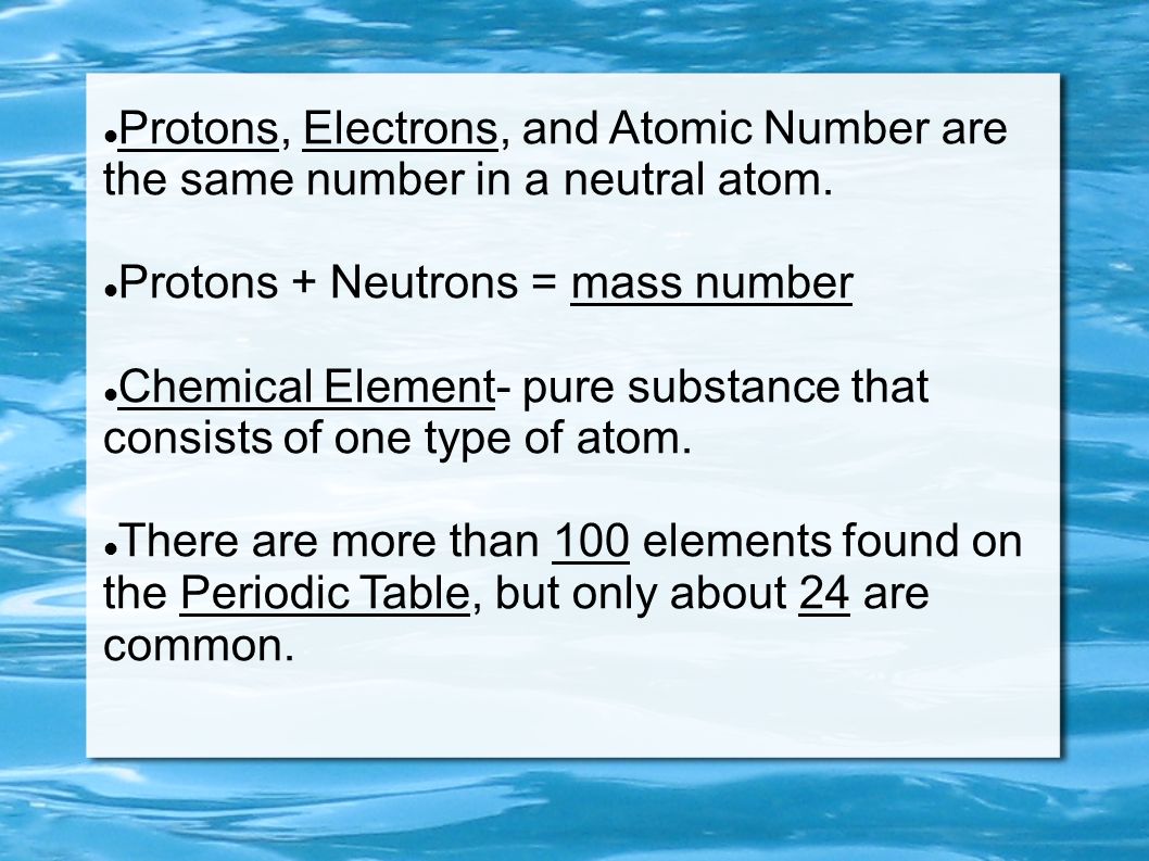Protons, Electrons, and Atomic Number are the same number in a neutral atom.