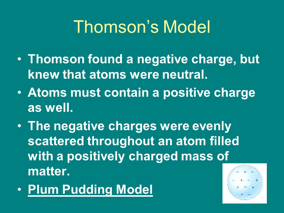 Thomson’s Model Thomson found a negative charge, but knew that atoms were neutral. Atoms must contain a positive charge as well.