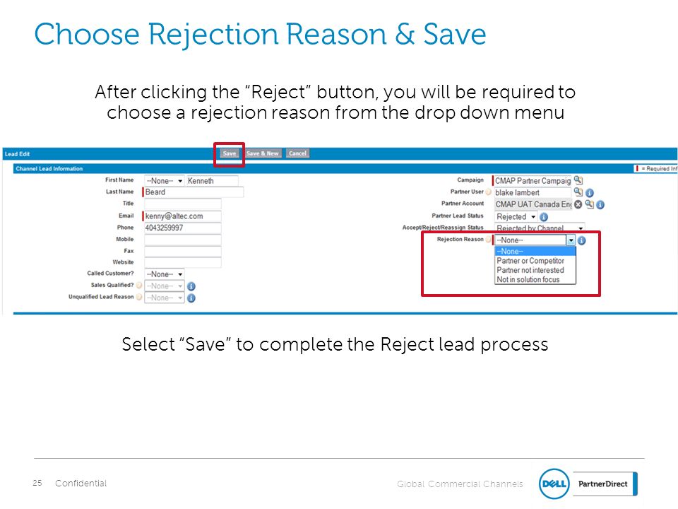 Choose Rejection Reason & Save