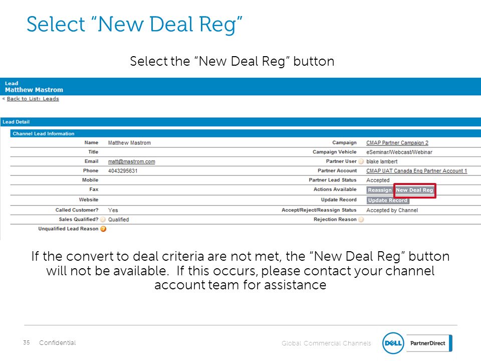 Select the New Deal Reg button