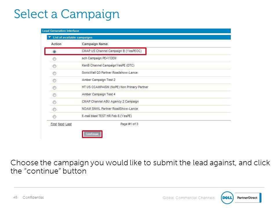 Select a Campaign Choose the campaign you would like to submit the lead against, and click the continue button.