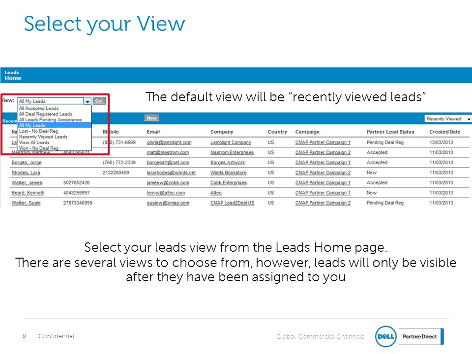 Select your View The default view will be recently viewed leads