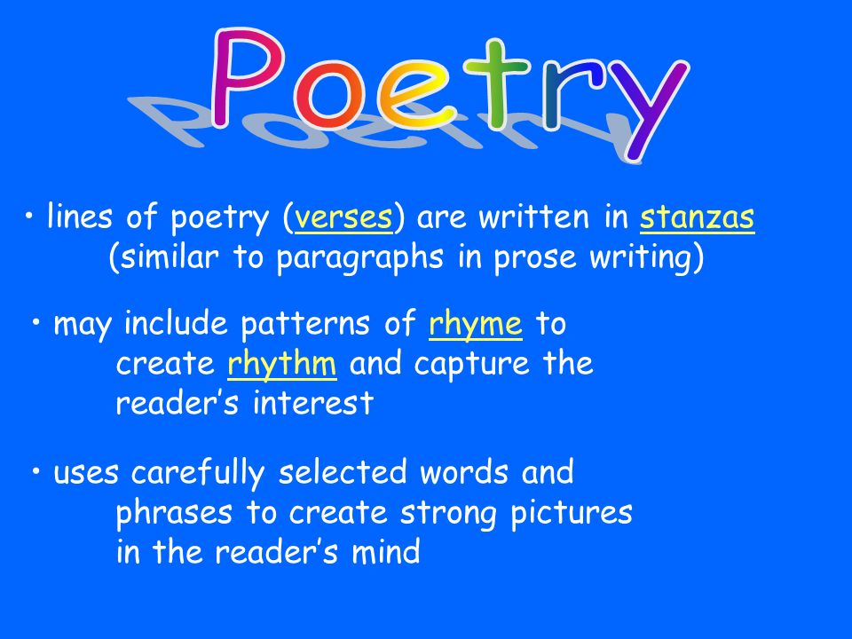 Poetry lines of poetry (verses) are written in stanzas (similar to paragraphs in prose writing)
