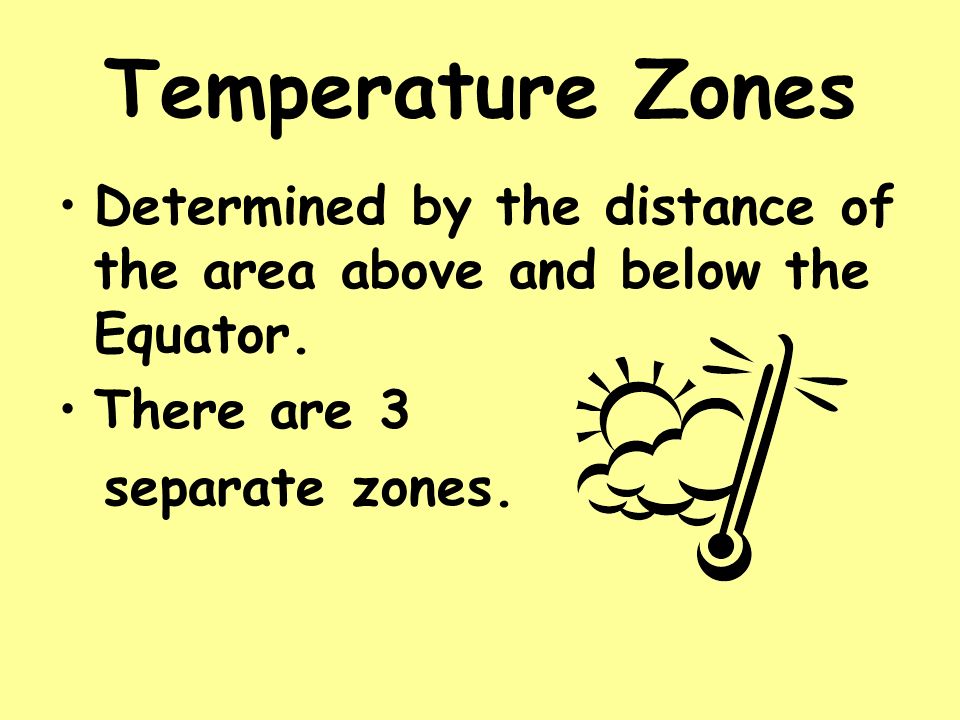 Temperature Zones Determined by the distance of the area above and below the Equator. There are 3.
