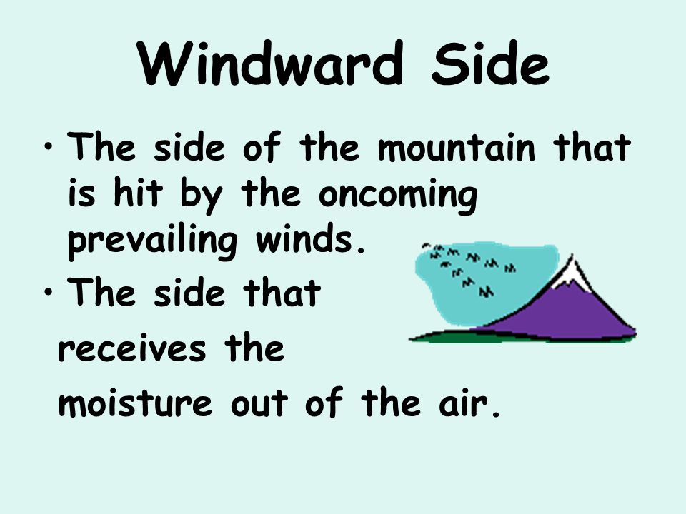 Windward Side The side of the mountain that is hit by the oncoming prevailing winds. The side that.