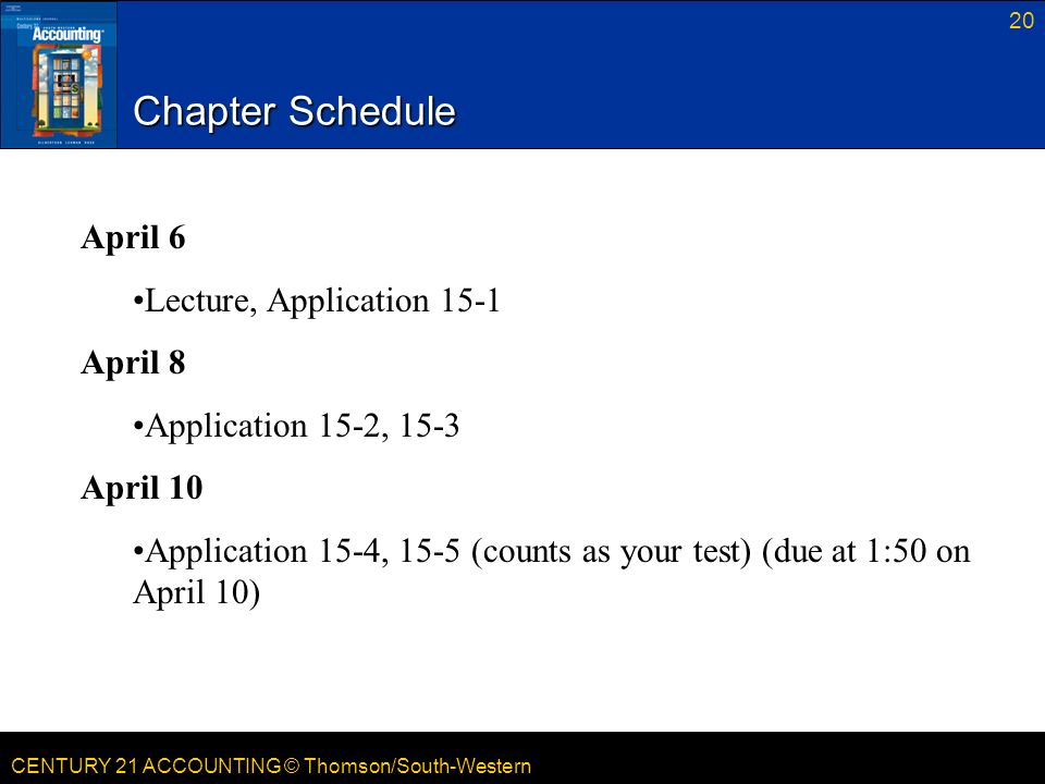 Chapter Schedule April 6 Lecture, Application 15-1 April 8