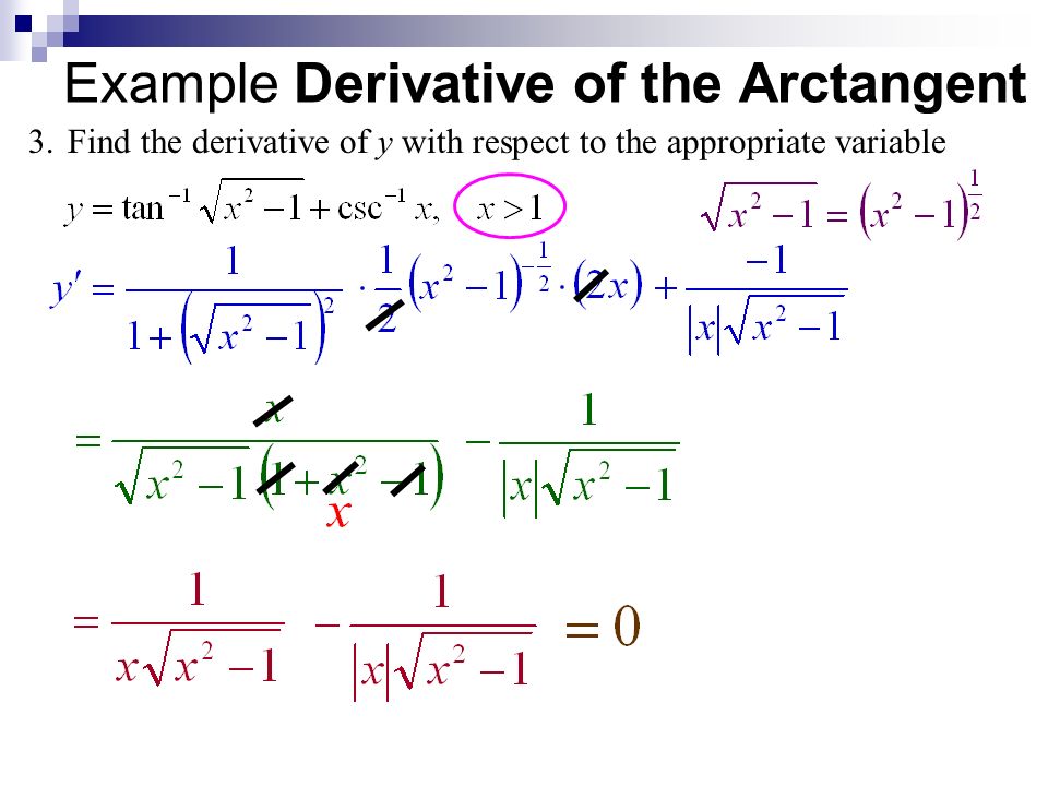 Their derivatives. Derivative. Derivative of ARCTANGENT. The derivative of y. Derivatives examples.