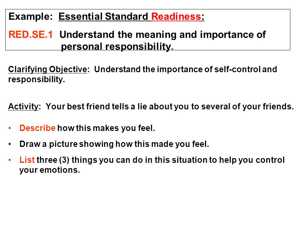 Example: Essential Standard Readiness: RED. SE