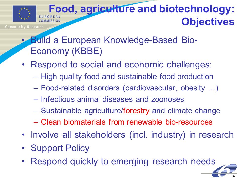 Food, agriculture and biotechnology: Objectives
