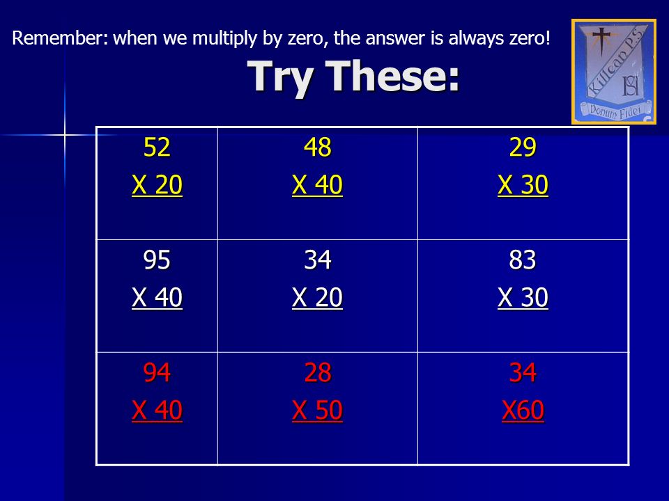 Remember: when we multiply by zero, the answer is always zero!