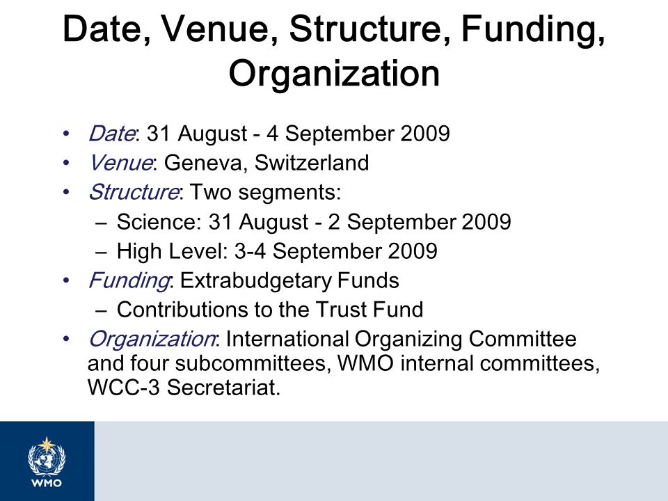 Date, Venue, Structure, Funding, Organization