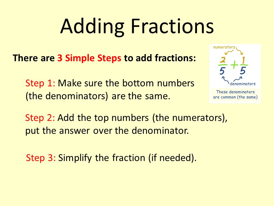 Adding Fractions There are 3 Simple Steps to add fractions: