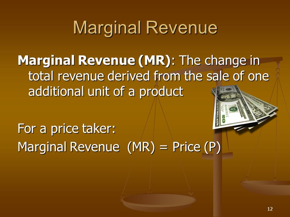 Marginal Revenue Marginal Revenue (MR): The change in total revenue derived from the sale of one additional unit of a product.